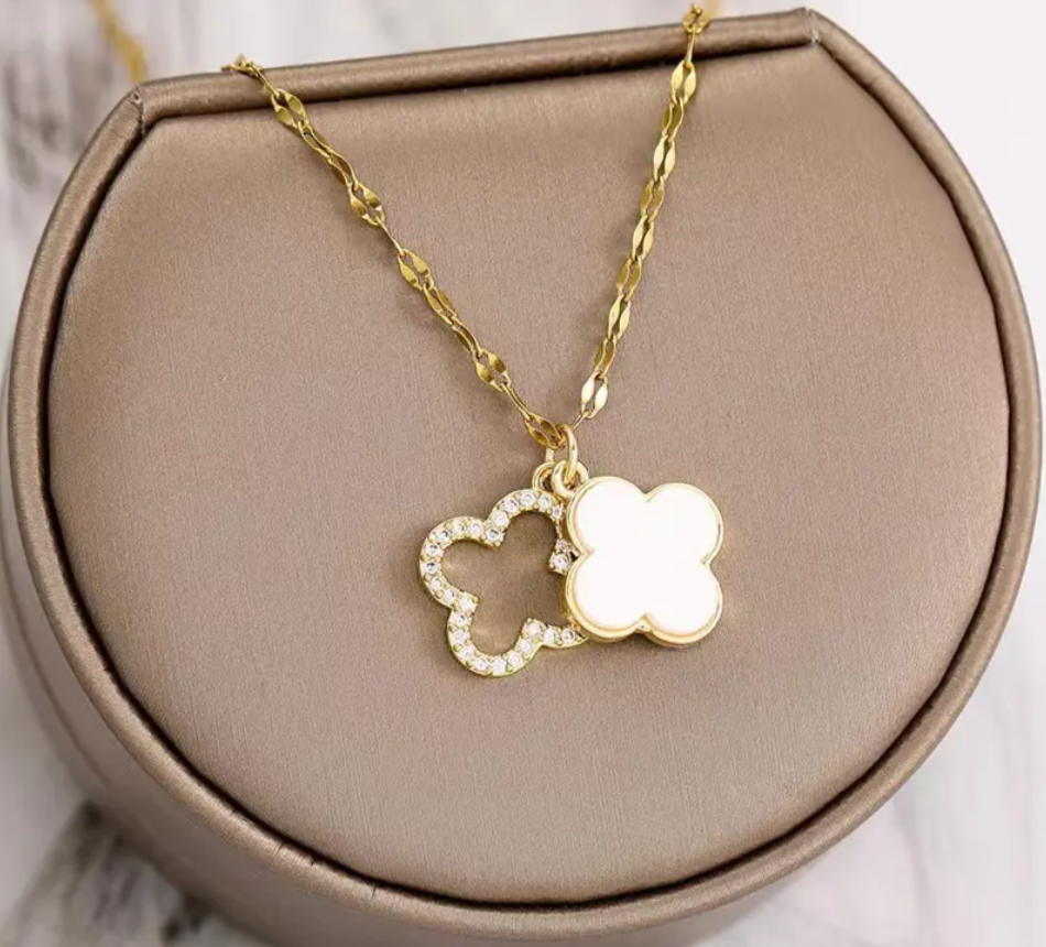 14K Gold Plated Flower Pendant Necklace with Crystal & Pearl