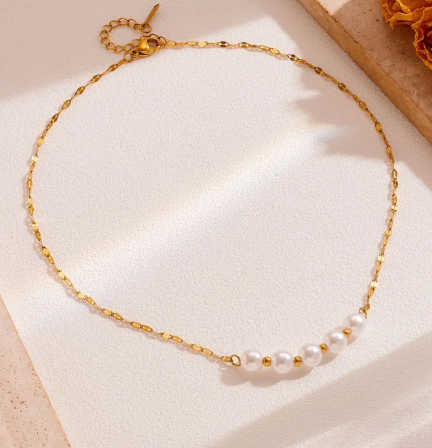 18K Gold Plated Pearl Pendant Necklace for Women, Titanium Steel Chain, 5 Pearls