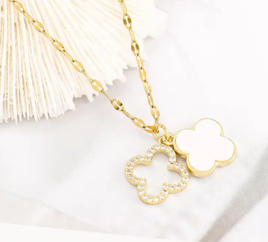 14K Gold Plated Flower Pendant Necklace with Crystal & Pearl