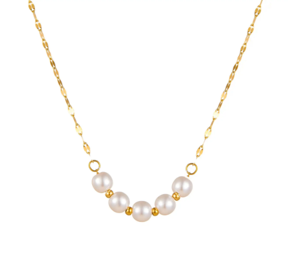 18K Gold Plated Pearl Pendant Necklace for Women, Titanium Steel Chain, 5 Pearls