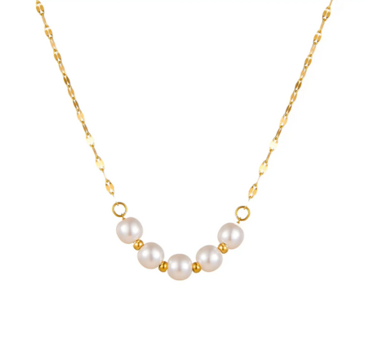18K Gold Plated Pearl Pendant Necklace for Women, Titanium Steel Chain, 5 Pearls