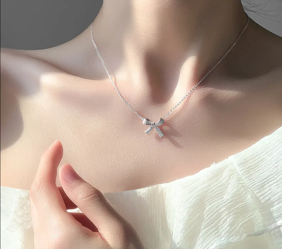 14K Gold Plated Bow Knot Pendant Necklace with Crystal Rhinestone