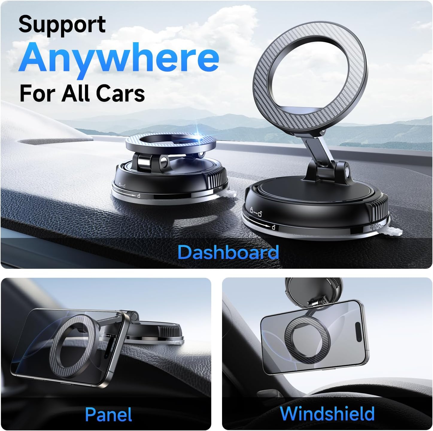 Car Phone Holder with Ultra Strong Vacuum Suction Cup - 360° Adjustable & Rotatable MagSafe Phone Mount