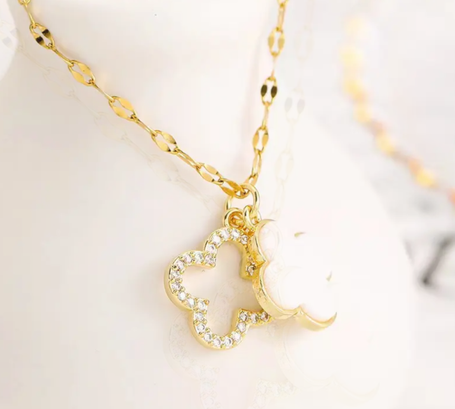 14K Gold Plated Flower Pendant Necklace with Crystal & Pearl