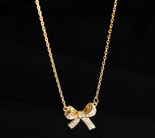14K Gold Plated Bow Knot Pendant Necklace with Crystal Rhinestone
