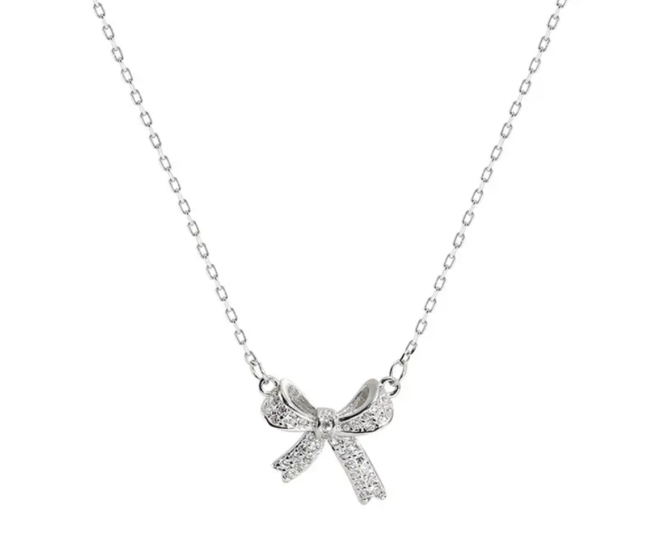14K Gold Plated Bow Knot Pendant Necklace with Crystal Rhinestone