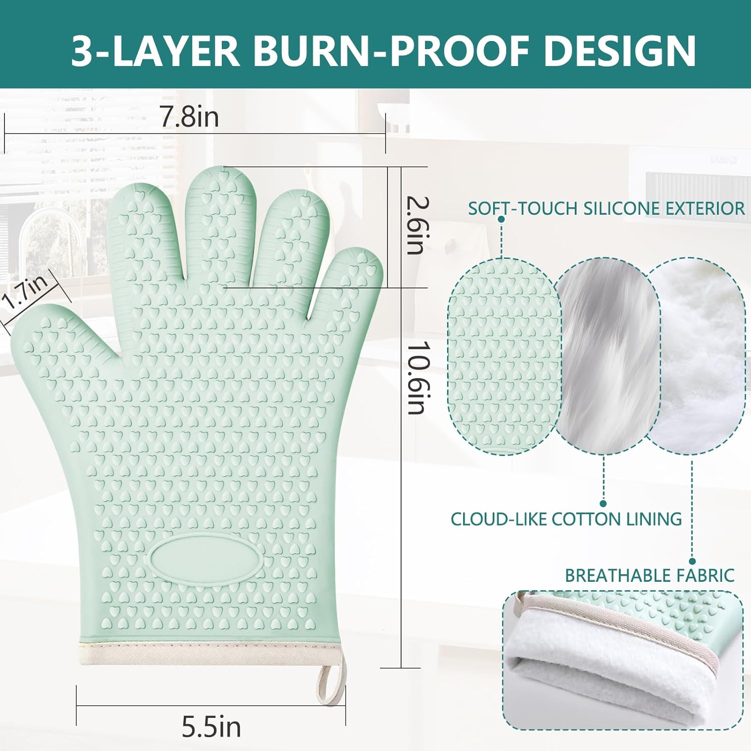 Silicone Oven Gloves with Fingers, Oven Mitts Heat Resistant, Oven Mits Waterproof & Non-Slip, Cotton Lined for Kitchen, Home, Baking, BBQ