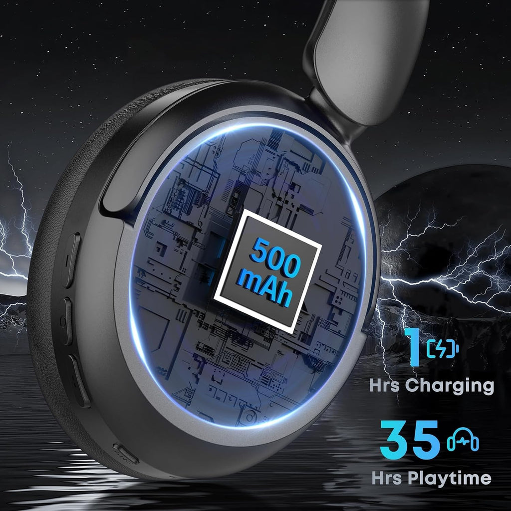 Black Headphones with Bluetooth and Active Noise Cancelling (ANC), Wireless Over Ear Bluetooth Headsets with 35H Playtime, HiFi Stereo Foldable Headphones with Foam Ear Cups for Sports, Travel, Black