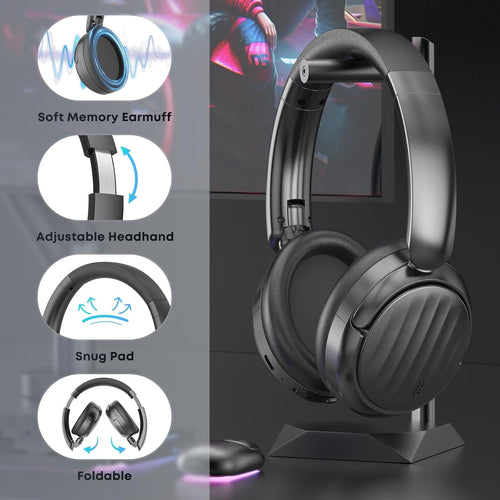 Black Headphones with Bluetooth and Active Noise Cancelling (ANC), Wireless Over Ear Bluetooth Headsets with 35H Playtime, HiFi Stereo Foldable Headphones with Foam Ear Cups for Sports, Travel, Black