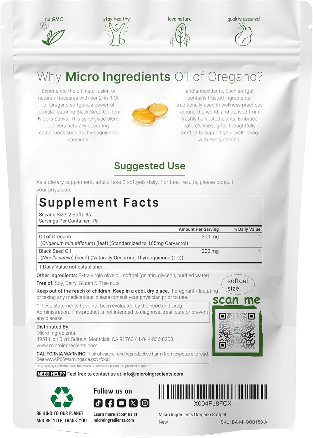 Micro Ingredients Oil of Oregano with Black Seed Oil, 75 Softgels | 2-in-1 Oregano Oil & Black Seed Oil Complex | 4X Strength Carvacrol & Thymoquinone Formula, Plant Based | Non-GMO, No Gluten