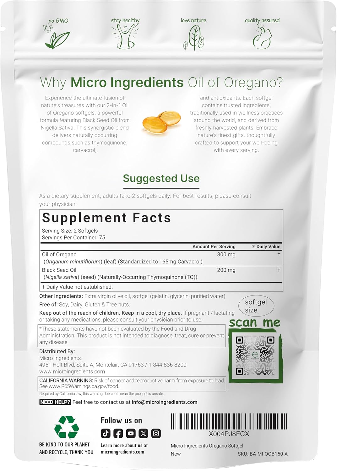 Micro Ingredients Oil of Oregano with Black Seed Oil, 75 Softgels | 2-in-1 Oregano Oil & Black Seed Oil Complex | 4X Strength Carvacrol & Thymoquinone Formula, Plant Based | Non-GMO, No Gluten