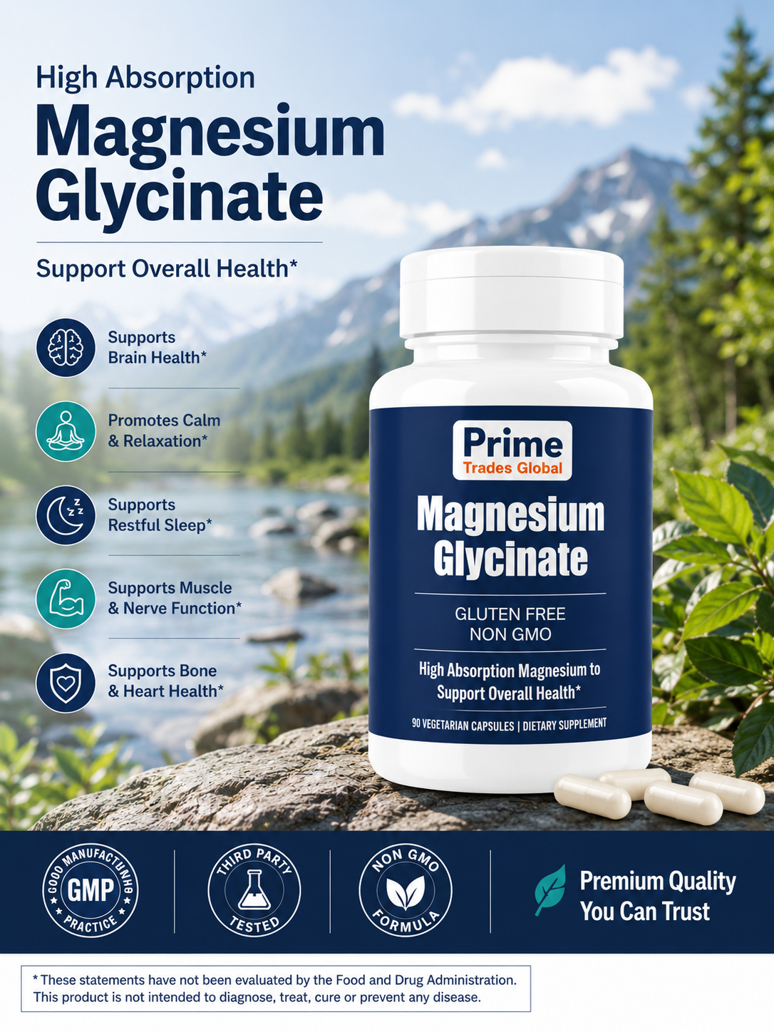 Magnesium Glycinate Capsules - 93mg Elemental Magnesium Per Capsule - High Absorption Magnesium Supplement for Relaxation, Sleep Support, Muscle, Nerve & Heart Health - 90 Capsules