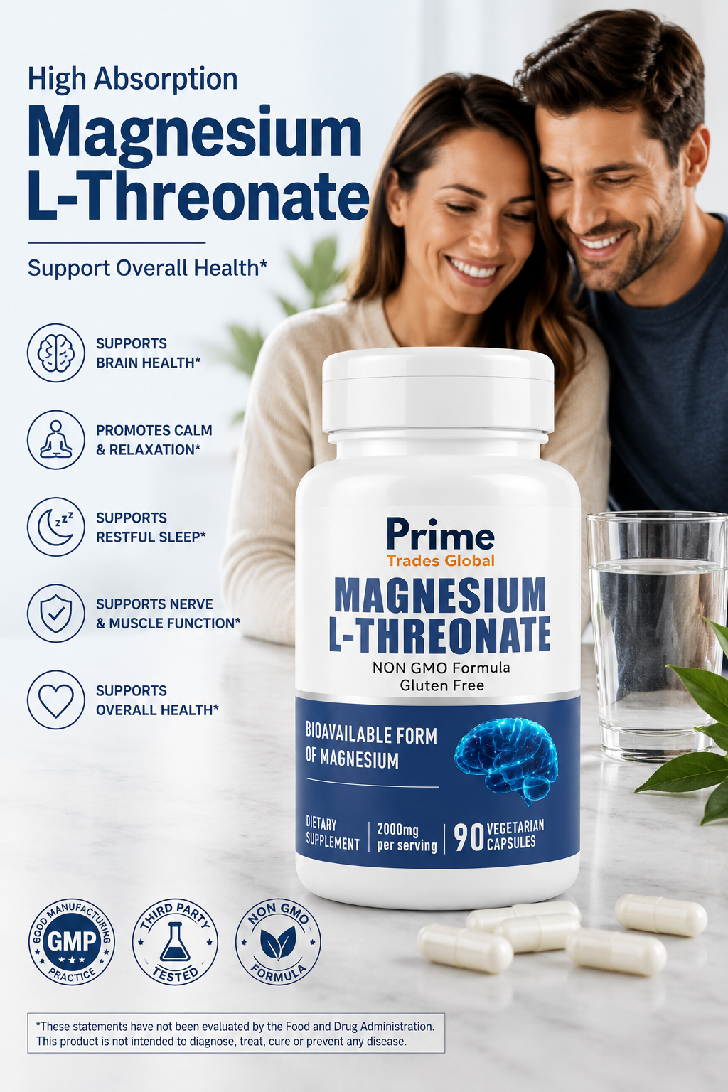 Magnesium L-Threonate Capsules - 2000mg Per Serving - 144mg Elemental Magnesium Per Serving - Brain Health, Memory, Focus & Cognitive Support* - 90 Capsules