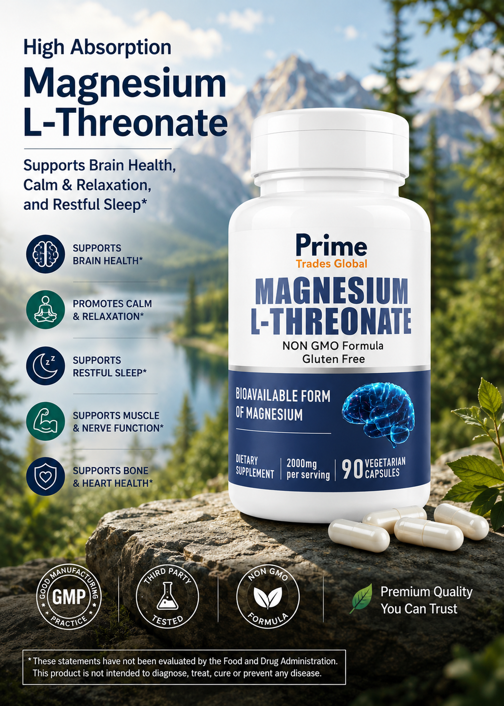 Magnesium L-Threonate Capsules - 2000mg Per Serving - 144mg Elemental Magnesium Per Serving - Brain Health, Memory, Focus & Cognitive Support* - 90 Capsules